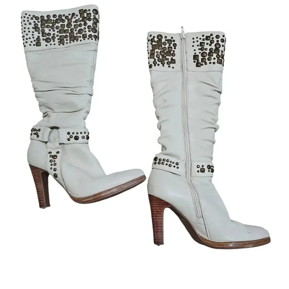 Colin Stuart Womens 6.5 Studded White Faux Leather Tall Heel Boots Archival Y2K - Picture 3 of 7